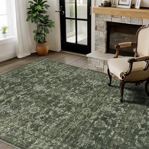 3x5 Washable Entryway Area Rug Non-Slip Retro Dark Green Throw Carpet - Image 4