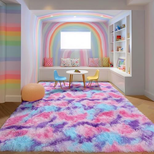 Rainbow Purple Rugs for Girls Bedroom 5x8 Ft,Fluffy Pastel Vibrant Cute Rug - Image 4
