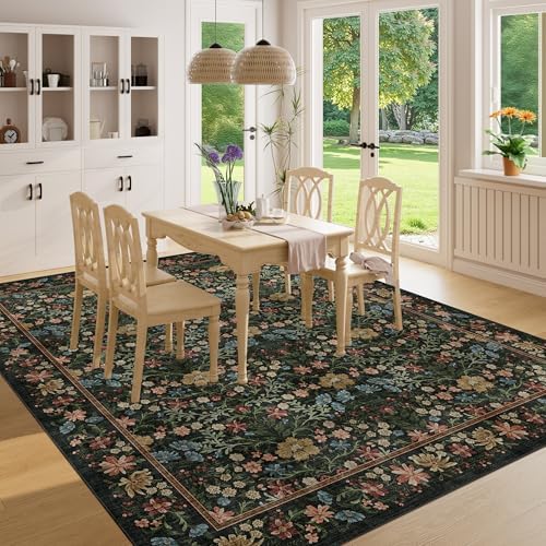 DUKINO 8x10 Area Rugs, Vintage Floral Washable Rug for Living Room, Black - Image 5