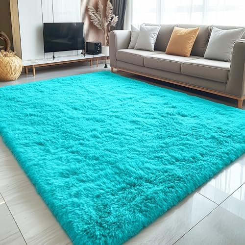 OLANLY 9x12 Machine Washable Large Area Rugs for Living Room, Bedroom, Soft Fluffy Shaggy Bedside Rug, Indoor Floor Carpet for Kids Girls and Boys, Dorms, Nursery, Home Decor Aesthetic, Teal Blue - Image 3