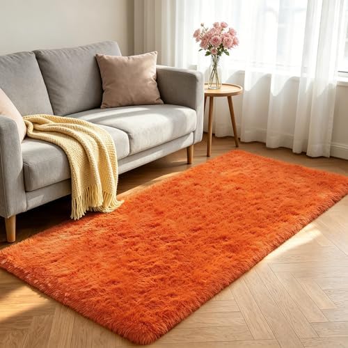Shag Runner Rug for Bedroom Living Room 2x6 Upgrade Non-Slip Fluffy Soft Bedside Rugs,Orange Shaggy Carpet for Livingroom Dorm Home Decor Aesthetic - Image 2