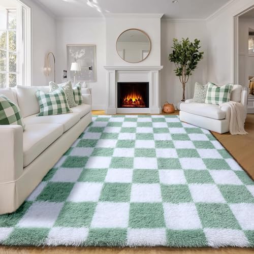 KICMOR Living Room Rugs 5x8 Fluffy Soft Sage Green and White Checkered - Image 5