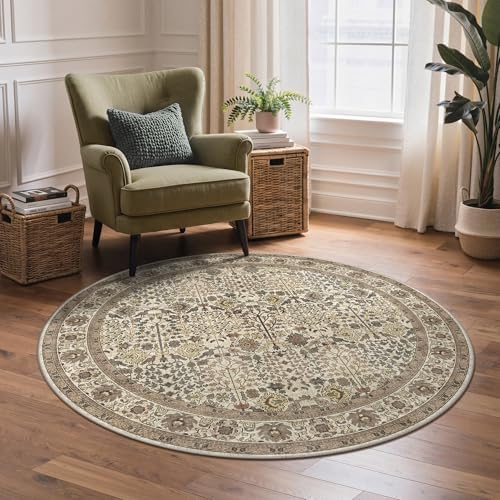 Bavni 5ft Round Area Rug 5x5, Washable Non Slip, Cream Brown by BAVNI