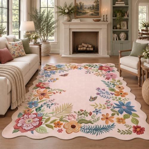 FMFUNCTEX 8x10 Washable Blush Pink Boho Scalloped Area Rug for Living Room by Fmfunctex