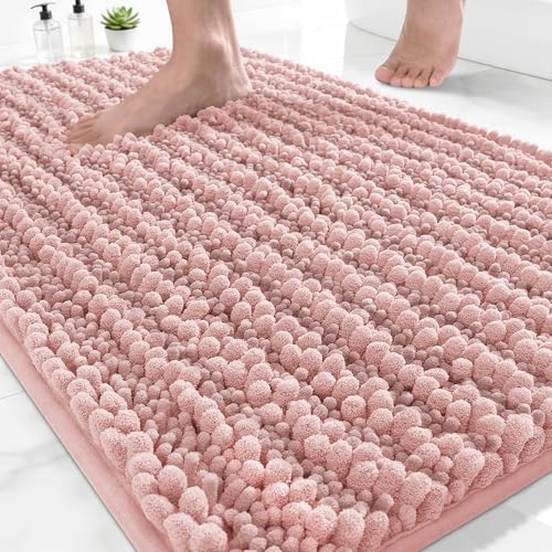 Yimobra Bathroom Rugs Non Slip Washable - Ultra Soft Absorbent Chenille Bath Mat, Quick Dry Shaggy Floor Carpet for Tub Shower, Light Pink Home Decor Accessories, 24x17 Inch by Yimobra