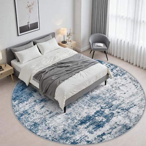Round Area Rug Living Room: 5 ft Modern Washable Carpet Blue - Image 4