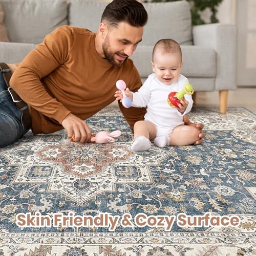 cotiled 12x15 Area Rug for Living Room, Washable, Traditional, Vintage Blue - Image 3