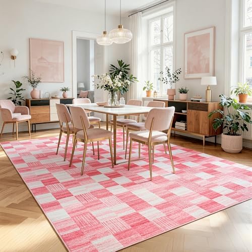 Terrug Pink and White Checkered Rug for Living Room, 5x7 Soft Area Rugs - Image 2