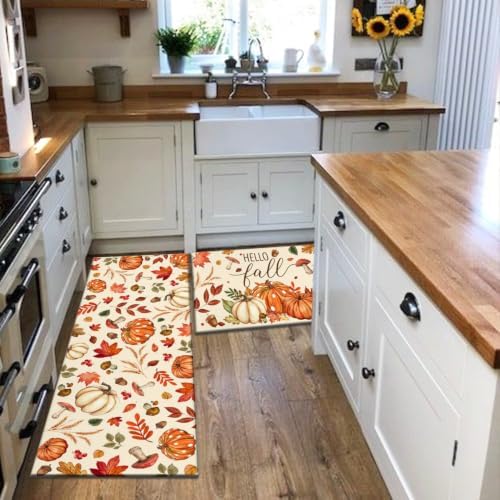 Fall Kitchen Rugs Set of 2,Fall Entrance Door Mats Pumpkin Mushroom Non Slip Kitchen Rug,Washable Anti Fatigue Mat,Kitchen Floor Washable Runner Rug, Autumn Thanksgiving Kitchen Laundry 17x30+17x47In - Image 4