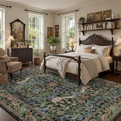 10x14 Area Rug Living Room: Soft Floral Washable Carpet Brown Green - Image 3