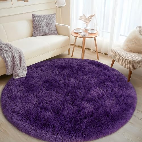 4ft Fluffy Dark Purple Round Rug for Bedroom, Washable Non-Slip - Image 2