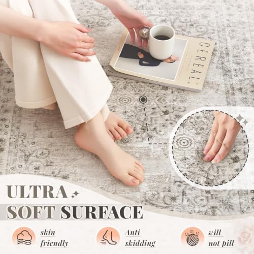 Area Rug 5x7 Vintage Rug: Washable Indoor Medallion Rugs Low Pile Distressed Floor Carpet Retro Accent Rug for Living Room Bedroom Kitchen Dining Table Home Office(Distressed Taupe, 5'x7') - Image 5