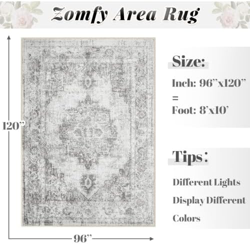 Area Rug 8x10 Vintage Rugs: Large Washable Indoor Medallion Rug Low Pile Distressed Floor Carpet Retro Accent Rugs for Living Room Bedroom Kitchen Dining Table Home Office(Grey, 8'x10') - Image 2