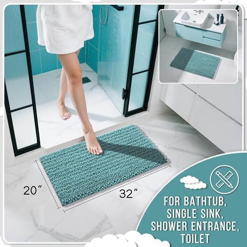 Yimobra Bathroom Rugs Non Slip Washable 32x20 Inch - Ultra Soft Absorbent Chenille Bath Mat, Quick Dry Shaggy Floor Carpet for Tub Shower, Teal Blue Home Decor Accessories - Image 2
