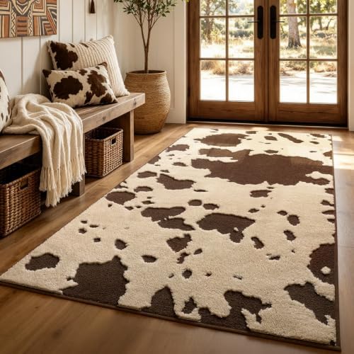 YIHOUSE Cowhide Entryway Rugs 3x5 Ft, Washable Plush Soft Brown and Cream Cow Rug, Non-Slip High-Low Pile Animal Small Area Carpet for Bedside, Living Room, Door Entrance, Home Decor by YIHOUSE
