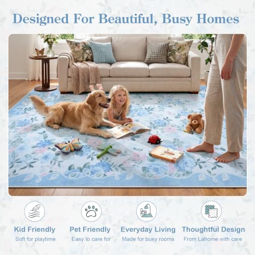 Lahome Blue Floral Bedside Rug 3x5, Low Pile Ultra-Thin Dorm Rug - Image 4