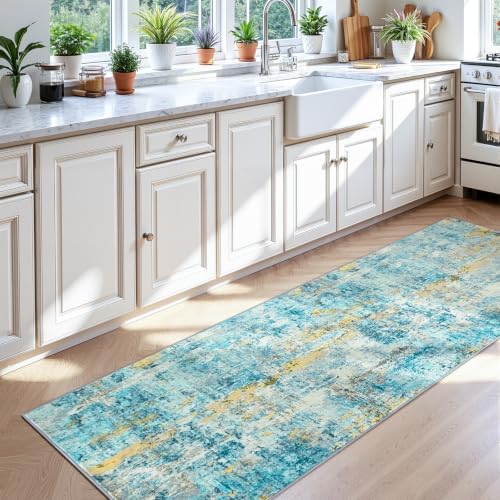 2x7 Teal Blue Rug Runners for Hallways Kitchen Runner Rug Non Slip Washable Black Long Runner Rugs with Rubber Backing Soft Abstract Carpet Runner for Bedroom, Kitchen, Bathroom, Entryway - Image 4