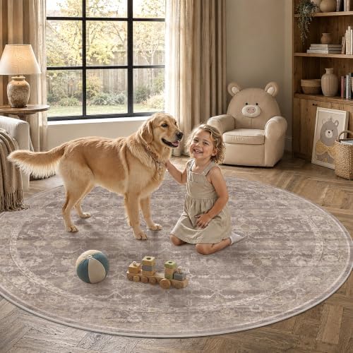 Living Room Washable 6ft Round Rug Soft Boho Throw Carpet Taupe Wheat - Image 4