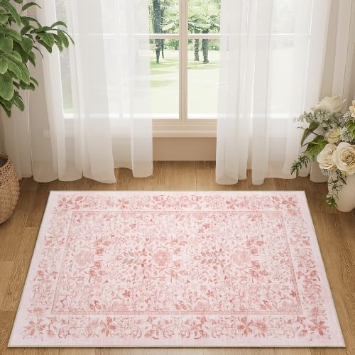 DUKINO 2x3 Entryway Rug, Washable Vintage Floral Area Rug, Pink - Image 5
