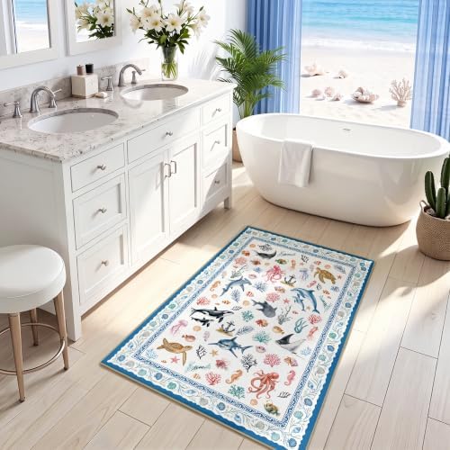 Arenarug Coastal Ocean Rug 2x3 Washable Entryway Rug Door Mat, Ivory Blue - Image 3