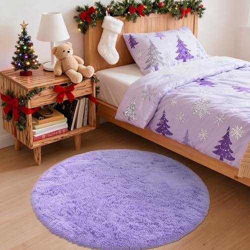 OLANLY Light Purple Round Rugs for Bedroom - Machine Washable, 3 ft Circle Area Rugs for Living Room, Soft and Fluffy Shaggy Carpet for Teen Girls and Boys, Nursery Rooms, Dorms, Home Decor Aesthetic - Image 3
