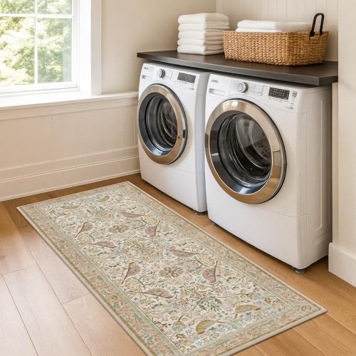 Hazo Haus Boho Bathroom Runner Rug 2x5 - Floral & Bird Runner Rug for Kitchen Floor, Hallway, Laundry Room, Bedroom, Entrance, Beige Neutral Vintage Decor, Washable Non Slip Low Pile by HazoHaus