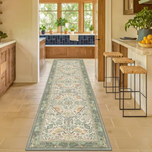 Vintage Runner Rugs for Hallways - Sage Green 2'6"x10' Wide Kitchen Runners, 10 ft Long Entryway Rug, Botanical Pattern with Flowers and Leaves, Washable Non Slip Low Pile by HazoHaus