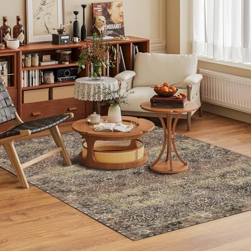 Washable Area Rug 5' x 7' Vintage Traditional Persian Mat - Foldable Distressed Non-Slip Machine Washable Carpet for Living Room Bedroom Kitchen Home Decor - Umber and Slate - Image 2