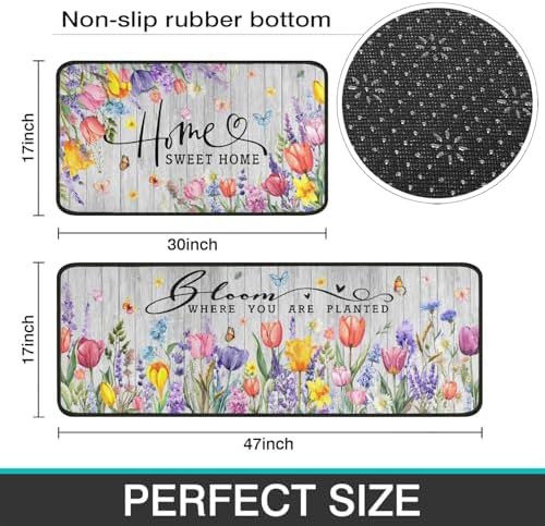 Spring Kitchen Rugs Sets of 2 Non Slip Washable, Tulip Lavender Floral Summer Spring Kitchen Mats Home Decor Rug Decorations Indoor - Image 3