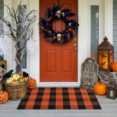 SEEKSEE Halloween Decor Buffalo Plaid Outdoor Rug 27.5x43 Orange and Black Front Door Mat, Layering Rug for Porch, Halloween Doormat, Front Porch Rug for Outdoor Entrance Entryway Patio Porch Decor - Image 3