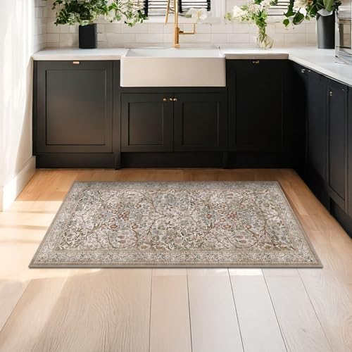 Moss Green Washable 2x4 Entry Rug - Front Door Rugs Indoor, Vintage Floral Style Small Rug for Kitchen, Bathroom, Non-Slip Boho Vintage Dark Taupe Entryway Décor - Image 3