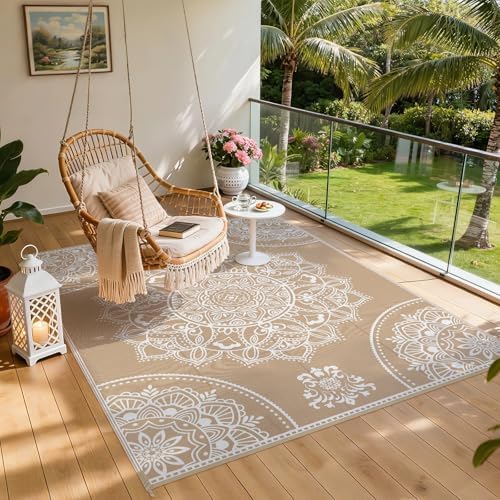 Pauwer Waterproof Outdoor Rug 8x10, Plastic Straw Patio Mat, Floral Brown - Image 6