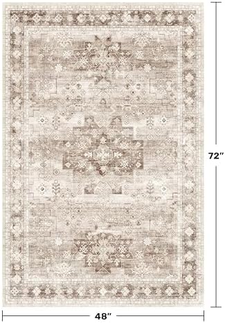 Hazo Haus Washable Neutral Farmhouse Living Room Rug, 4x6 Area Rugs for Bedroom, Nursery Room, Boho Vintage Floral Non-Slip Rug Low Pile Stain Resistant (4x6 Beige/Latte) - Image 2