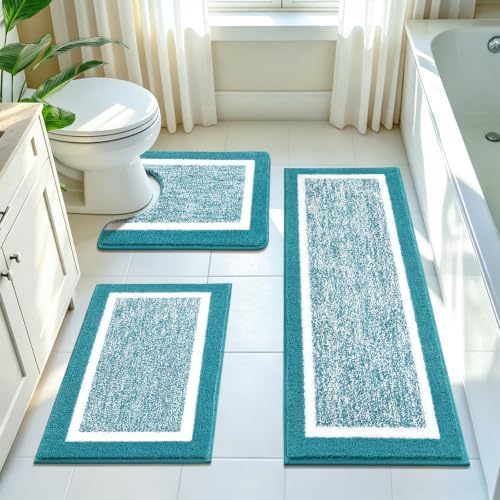 Pauwer Bathroom Rugs 3 Piece Set, Non Slip Washable Bath Mat, Aqua Blue by Pauwer
