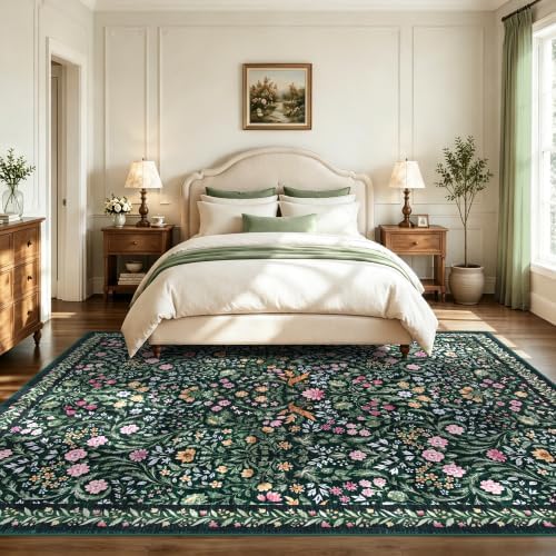 Tosuoka 6x9 Area Rugs Washable Floral Rug Boho Dark Green Carpet Farmhouse - Image 2