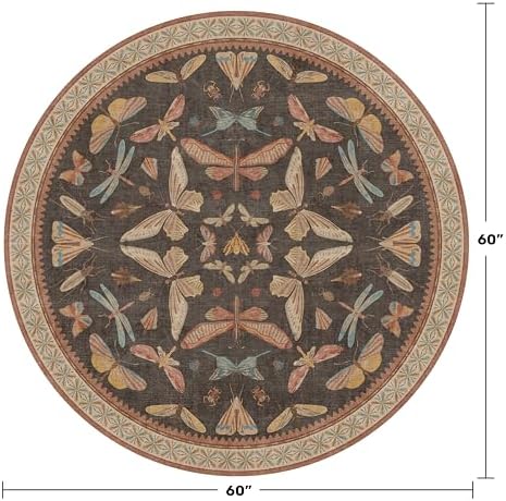 Boho Brown Round Rug 5ft, Soft Washable Throw Carpet for Entryway, Living Room, Kitchen & Reading Corner, Vintage Insect Print Area Rug - Image 2