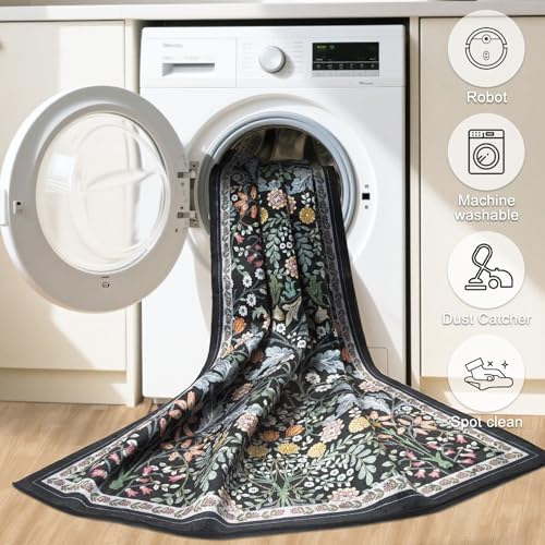 PLHXFR Round Area Rug Living Room: 4 ft Floral Washable Carpet Dark Black - Image 7