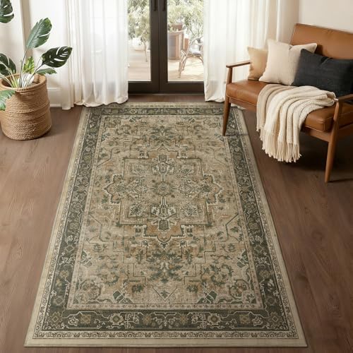 Vintage Medallion 4x6 Area Rugs for Living Room, Washable Non Slip Bedroom Bedside Throw Rug, Distressed Printed Low Pile Carpet for Entryway/Home Office/Kitchen, Multi Brown/Green by Jainmy