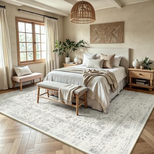 6x9 Area Rugs, Washable Vintage Retro Floral Rug for Living Room, Low Pile Non Slip Distressed Large Carpet for Bedroom, Dining Room, Office, Home (Beige Grey) - Image 3