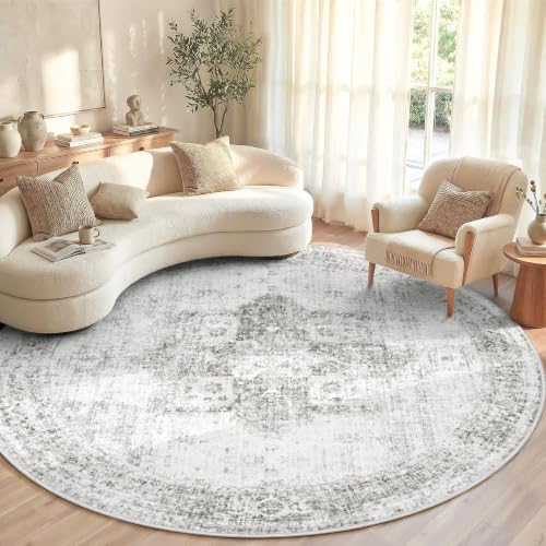Round Rugs 6ft Washable Rug, Vintage Boho Medallion Rugs Non-Slip Soft Low Pile Circle Distressed Rug Indoor Retro Carpet for Living Room Bedroom Dining Room Home Office (Grey, 6' Round) by VECARF