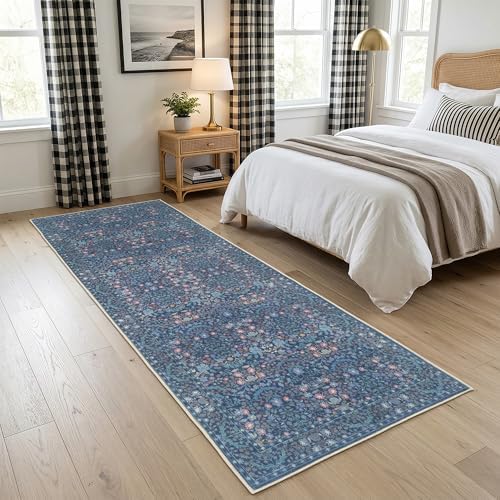 Non Slip 2x6 Kitchen Runner Rug Washable, Hallway Runner Rugs, Boho Vintage Floral Blue Non Skid Carpet Stain Resistance Ultra Soft Low Pile for Entryway, Bathroom Mats for Floor - Image 3