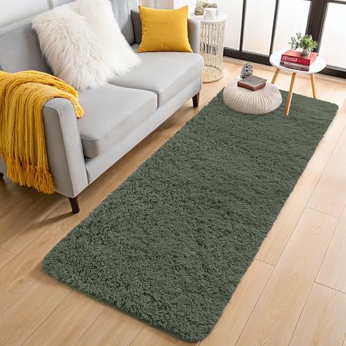 OLANLY 2x5 Machine Washable Runner Rugs for Hallway, Soft Fluffy Shaggy Bedside Rugs for Bedroom, Living Room, Indoor Floor Carpet for Kids Girls and Boys, Home Decor Aesthetic, Olive Green by OLANLY