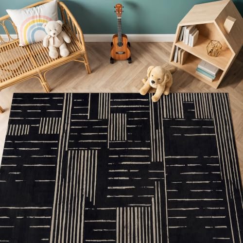 Rugshop Block Stripe Machine Washable Non-Slip Area Rug, 3' x 5' Black - Image 6