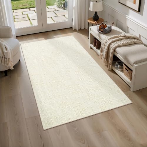 Valenrug 4x6 Area Rug, High-Low Pile Washable Rug for Living Room, Ivory - Image 4