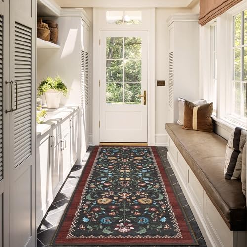 GarveeHome Floral Rug 2.5x8 Runners for Hallways, Boho Kitchen Runner Rugs Non Slip Bath Runners, Vintage Washable Runner Rug for Bedroom, Soft Long Rugs for Entryway Bathroom Laundry Dorm, Red - Image 3
