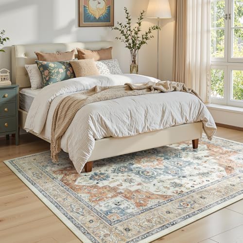 5x7 Area Rugs for Living Room, Boho Washable Rug Beige & Orange - Image 2