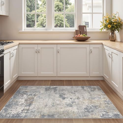 UERMEI 3x5 Area Rug Living Room Rugs - Washable Neutral Modern Abstract Soft Thin Rug Indoor Floor No Slip Rug Carpet for Bedroom Under Dining Table Home Office Decor - Blue Grey by UERMEI