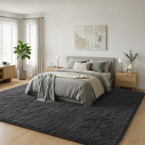 8x10 Ft Dark Grey Fluffy Area Rug for Living Room, Washable - Image 3
