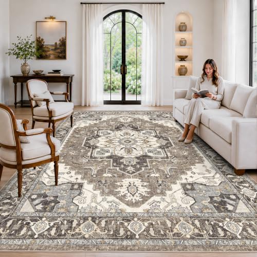 7x10 Area Rug for Living Room: Large Vintage Non-Slip Washable Rugs for Bedroom Home Office Dining Room Soft Durable Low Pile Carpet Boho Neutral Indoor Floor Mat for High Traffic Areas(Beige,7x10) by RUUGME