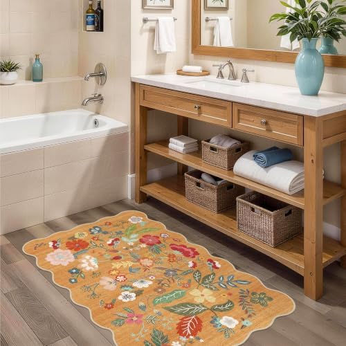 2x3 Washable Area Rug for Entryway: Non Slip Floral Small Runner Rug Orange - Image 2